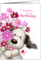 Cute little bear offering a huge bunch of flowers, Happy birthday. card