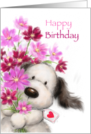 Cute little dog offering a huge bunch of flowers, Happy birthday aunt card