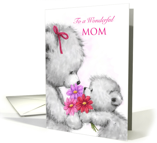 Cute bear cub offering beautiful flowers to mom, Happy Birthday card