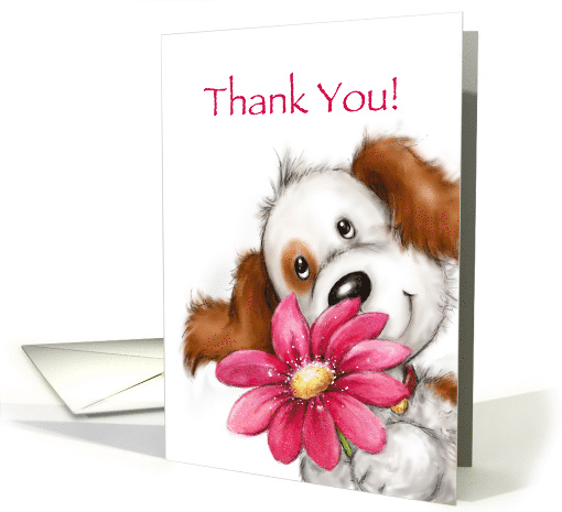 Cute dog with big smile holding huge red flower, Thank you friend card