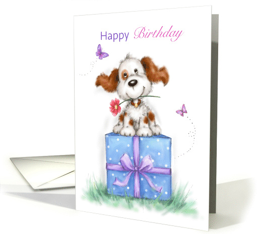 Happy birthday friend,Cute dog sitting on big present with smile card