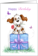 Happy birthday friend,Cute dog sitting on big present with smile card