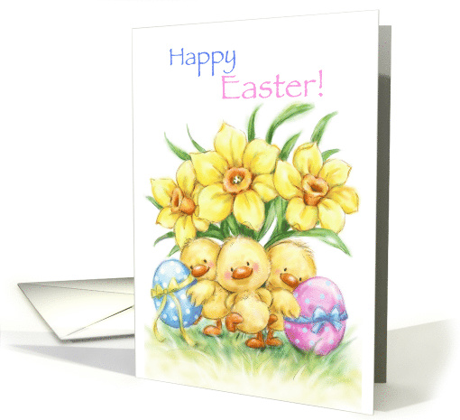 Happy Easter with chicks, painted eggs and daffodils card (1517576)