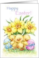 Happy Easter with chicks, painted eggs and daffodils card