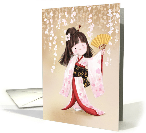 In cherry blossom cute Japanese girl with kimono dancing with fan card