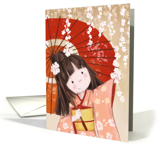 In cherry blossom cute Japanese girl with kimono with red... (1523274)