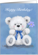In blue background, cute white bear holding a flower, Happy Birthday card