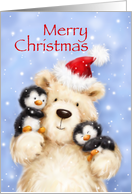 Bear with Santa’s hat holding two very cute penguins, Merry Christmas card