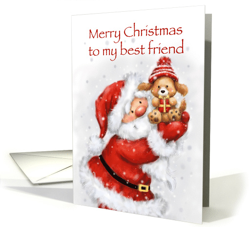 Santa holding cute dog with red present in snowflakes,... (1528108)