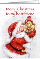 Santa holding cute dog with red present in snowflakes, Merry Christmas card