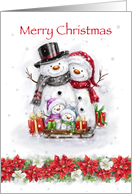 Snowman family with sled and present, Merry Christmas card