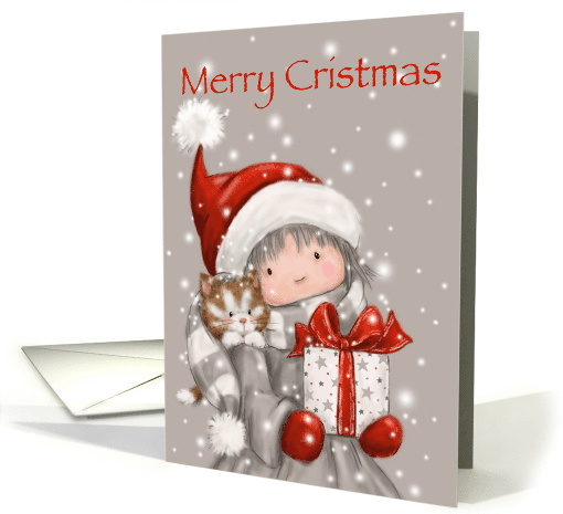 Cute girl with Santa's hat with cat holding present,... (1529018)