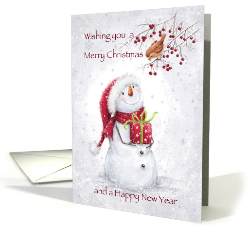 Snowman looking up robin on tree, Merry Christmas and... (1529310)