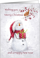 Snowman looking up robin on tree, Merry Christmas and Happy New Year card