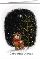 Cute bear and cub looking a star in dark snowy sky, Christmas wishes card