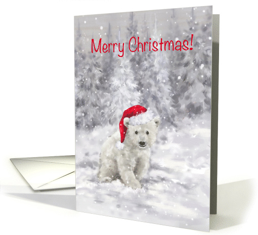 Polar bear with Santa's hat in snowy woodland, Merry Christmas card