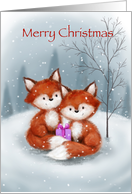 Cute two fox with present in snowy forrest, Merry Christmas card