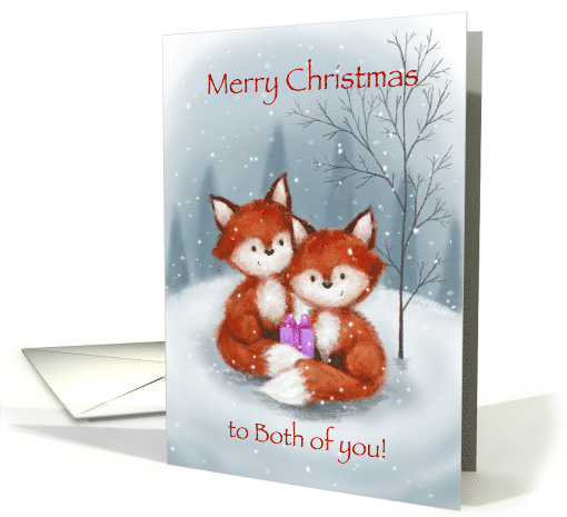 Cute couple fox with present in snowy forest, Merry Christmas card