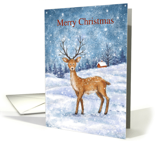 Dear standing in snowy forrest with tree and house, Merry... (1530184)