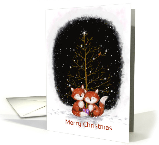 Two cute foxes sitting with present in snow , Merry Christmas card