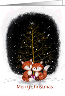 Two cute foxes sitting with present in snow , Merry Christmas card