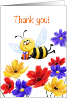 Happy bee with present flying over colorful flowers, Thank you! card