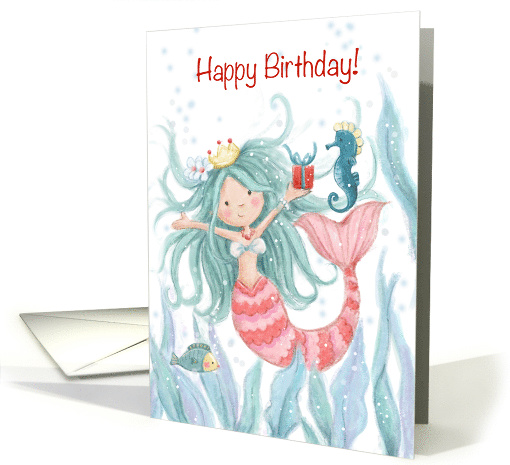 Pretty mermaid with red present dancing with seahorse,... (1534860)