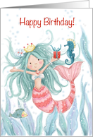 Pretty mermaid with red present dancing with seahorse, happy Birthday! card