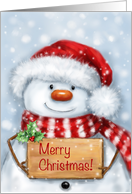 Merry Christmas from smiling cute snowman with Santa’s hat card