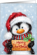 Merry Christmas from smiling cute penguin with Santa’s hat card