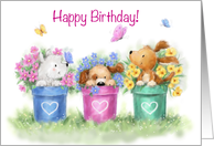 Happy Birthday from three cute dogs in beautiful colorful flower pots card