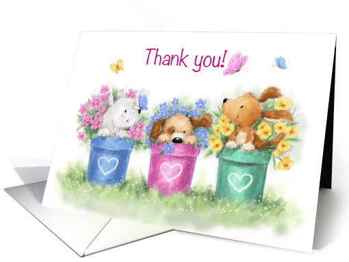 Thank you from three cute dogs in beautiful colorful flower pots card