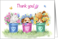 Thank you from three cute dogs in beautiful colorful flower pots card