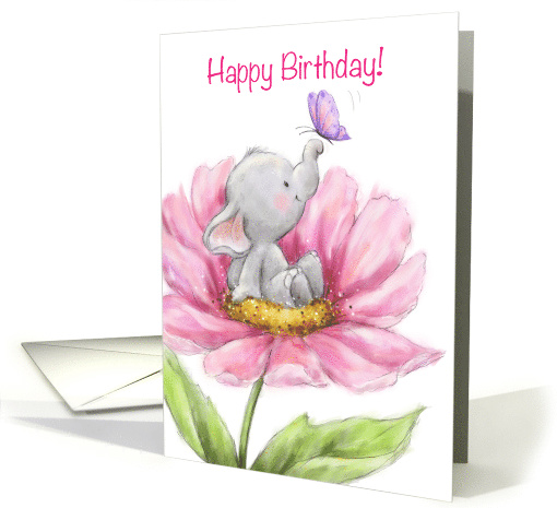 Happy birthday with cute elephant with butterfly in pink... (1536128)