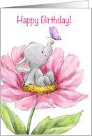 Happy birthday with cute elephant with butterfly in pink big flower card