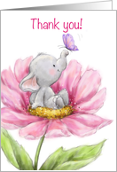 Thank You with Cute Elephant with Butterfly in Pink Big Flower card