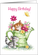 Happy Birthday friend, two cats with water can with beautiful flowers card