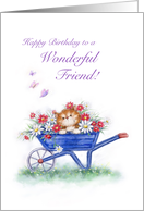 Happy Birthday friend,cute cat pop up from beautiful flowers in barrow card