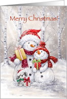 Merry Christmas, two snowmen and dog with presents in snowy woodland card