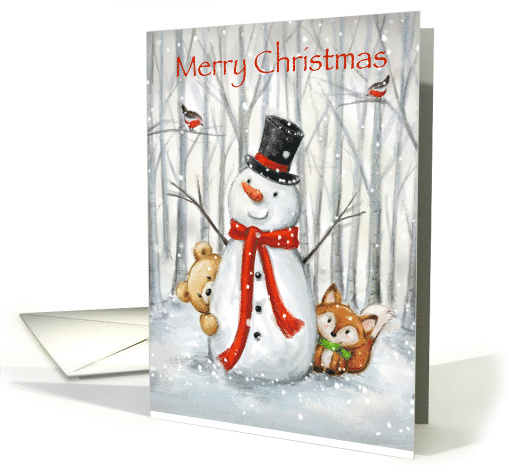 Merry Christmas, cute snowman with friends in snowy woodland card