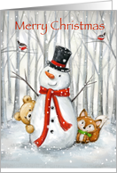 Merry Christmas, cute snowman with friends in snowy woodland card