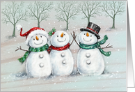 Merry Christmas, happy cute three snowmen in snowy woodland card