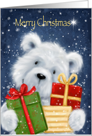 Merry Christmas, happy cute fluffy polar bear with pretty presents card