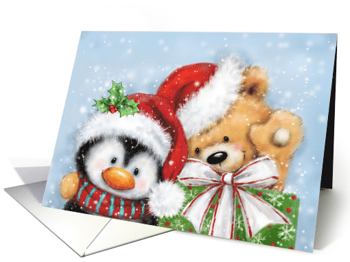 merry Christmas from cute penguin and smiling bear with present card