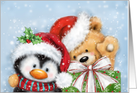 merry Christmas from cute penguin and smiling bear with present card