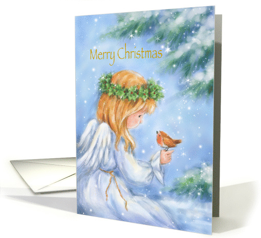 Merry Christmas, Cute Angel with Robin in Snow Woodland Scene card