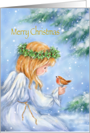 Merry Christmas, Cute Angel with Robin in Snow Woodland Scene card