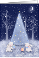 Merry Christmas, two cute rabbits with Christmas tree card