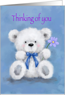 Thinking of you, Fluffy White Cute Bear Holding Lilac Color Flower card