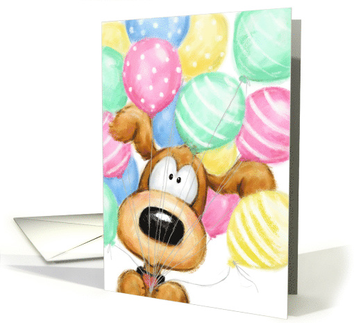 Happy Birthday, Funny Dog with Many Soft Colored Balloons card